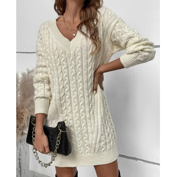Cream v neck chunky knit sweater dress - Picture 2 of 6